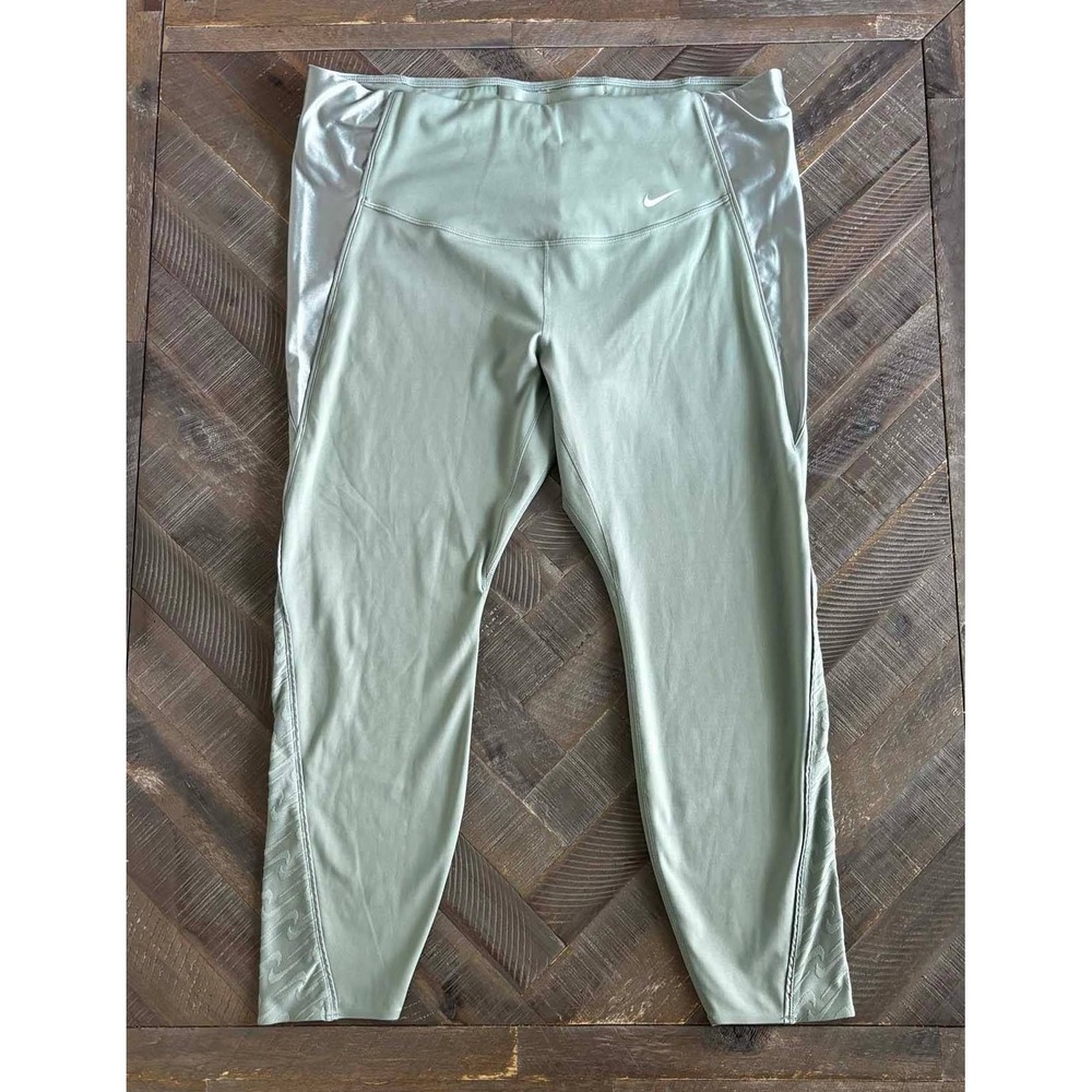 Nike Dri-FIT Sage Green Metallic Panel High Rise Crop Leggings Womens 2X